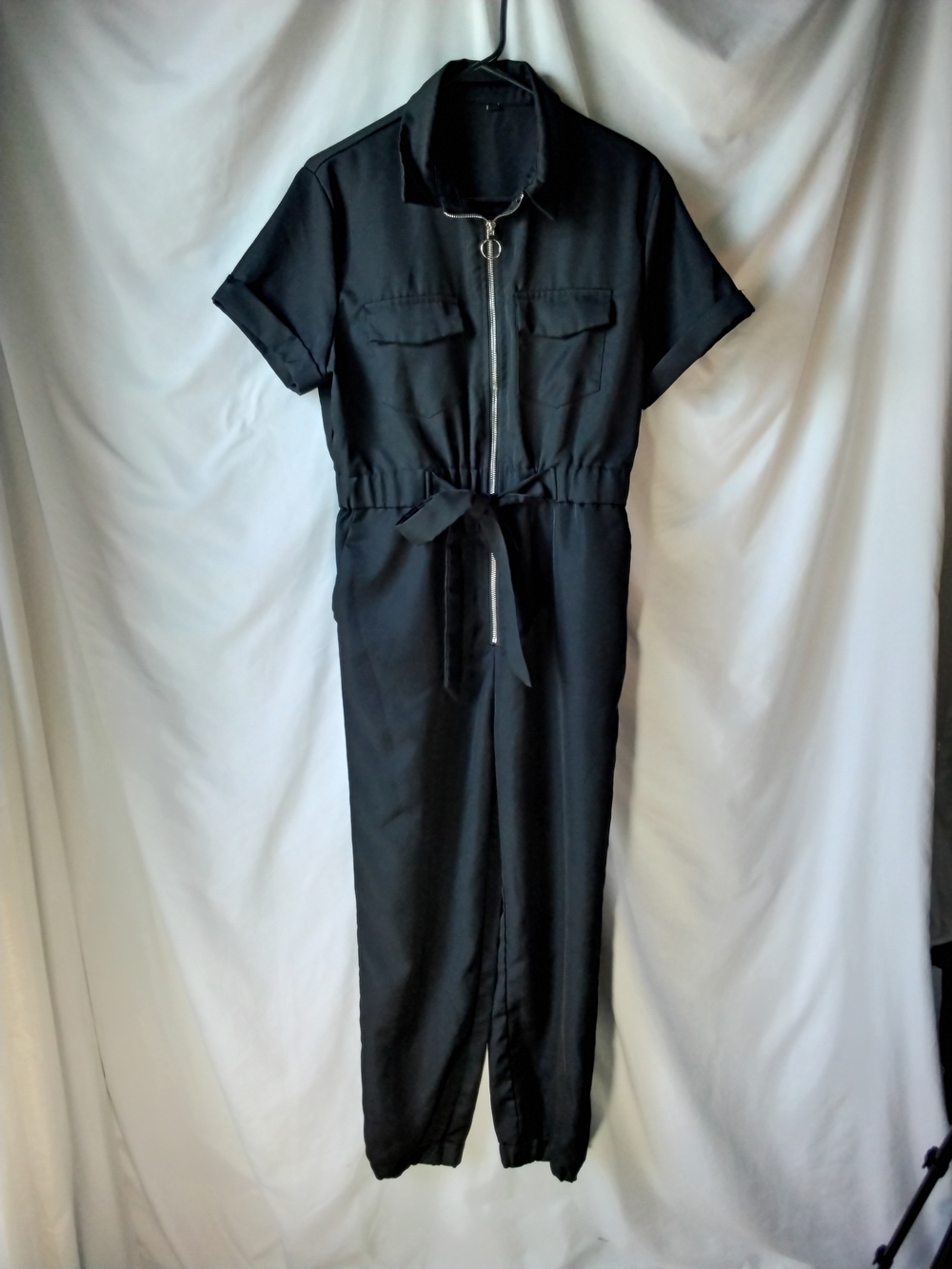 Black Short-Sleeve Zip-Front Jumpsuit